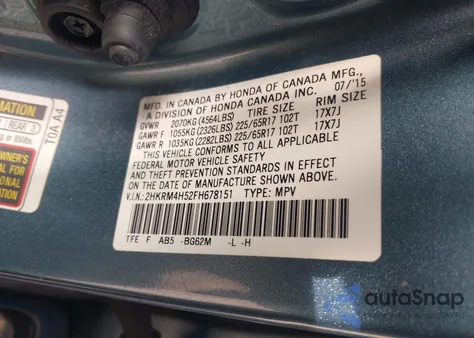 2015 Honda Cr-V Ex z USA, uszkodzony, nr VIN 2HKRM4H52FH678151